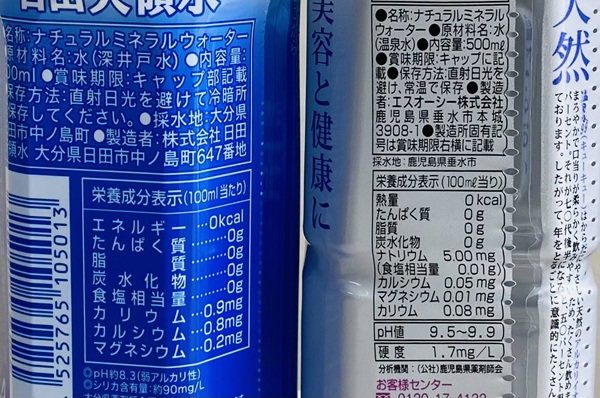 日田天領水と温泉水99栄養成分表示